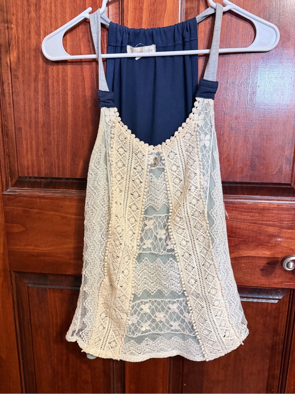 Rewind Women’s Navy Blue Lace Overlay Tank Top Camisole Size M Boho Crochet